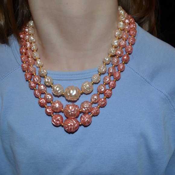 Necklace Adjustable Fastening India Acrylic Beads Three Lines Graduating Length - Picture 3 of 5